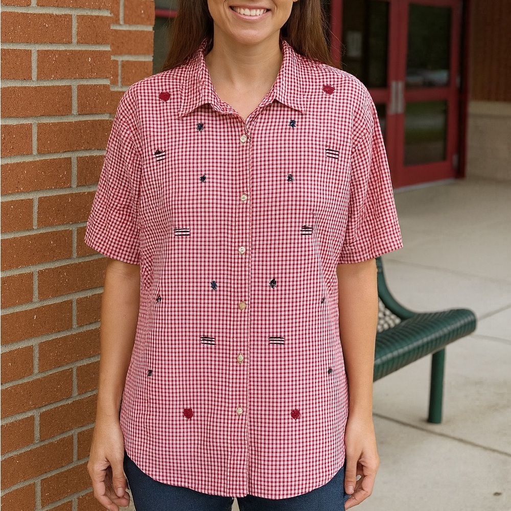 Teddi‎ Gingham Blouse Embroidered  SZ Large Flag Hearts Stars July 4th